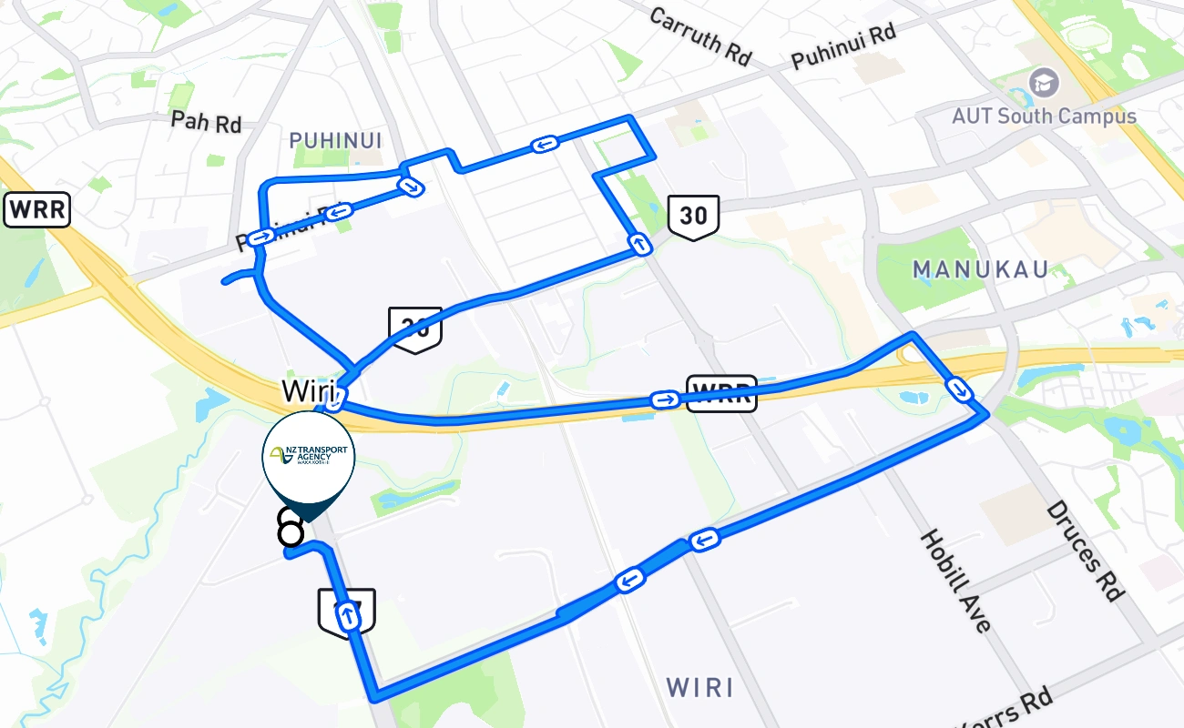 Wiri driving test route #325 map - AUK New Zealand