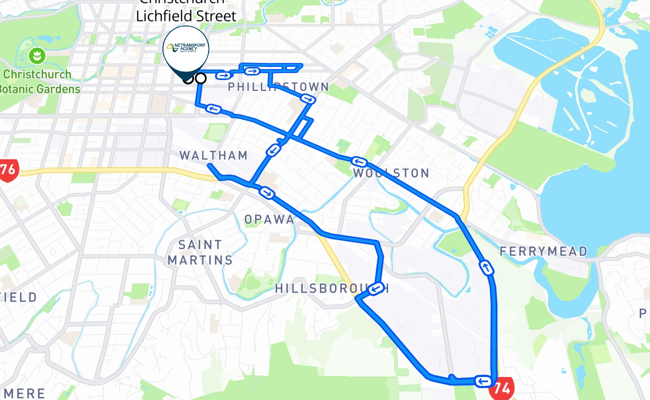 Christchurch - Lichfield Street driving test route #287 map - CAN New Zealand