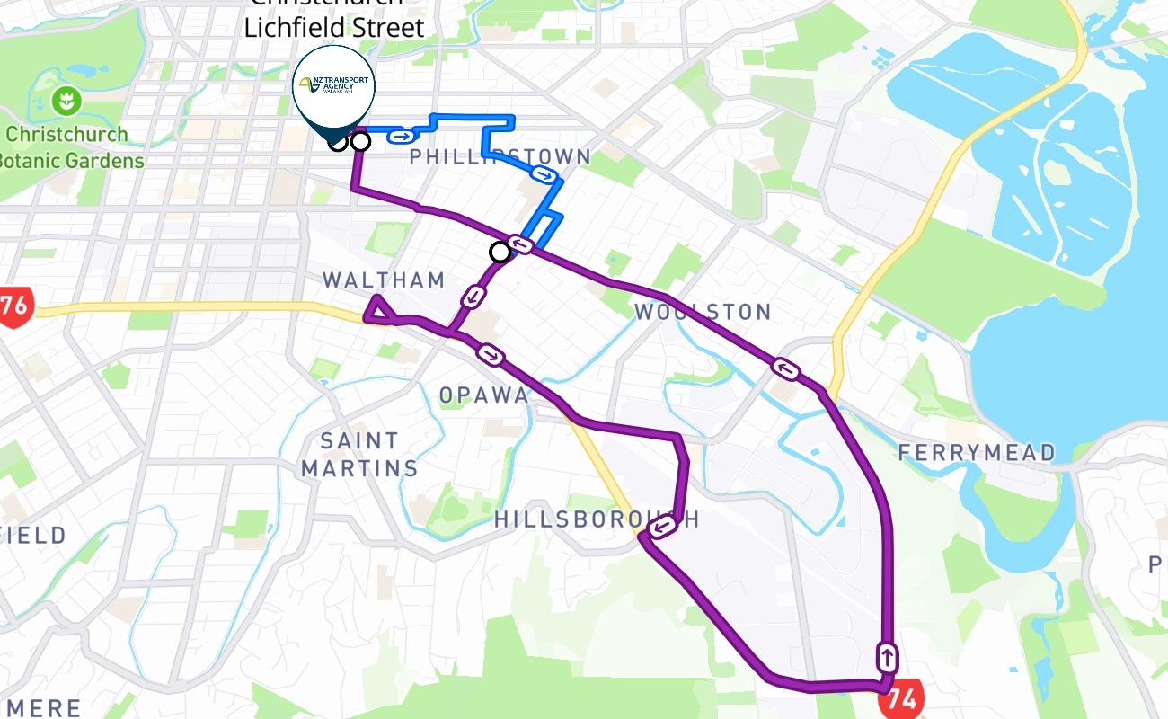 Christchurch - Lichfield Street driving test route #287 map - CAN New Zealand