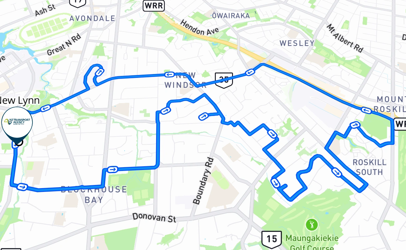 New Lynn driving test route #194 map - NTL New Zealand
