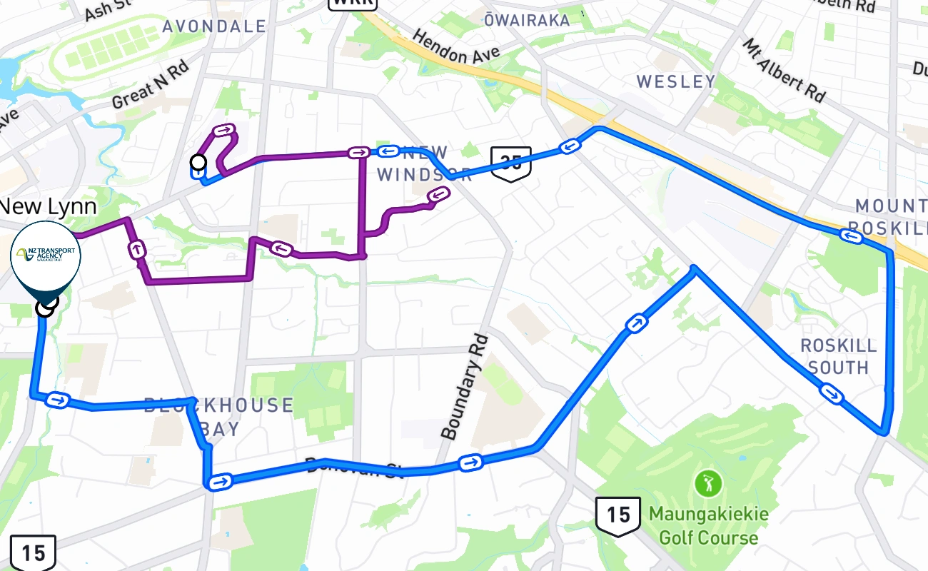 New Lynn driving test route #307 map - NTL New Zealand