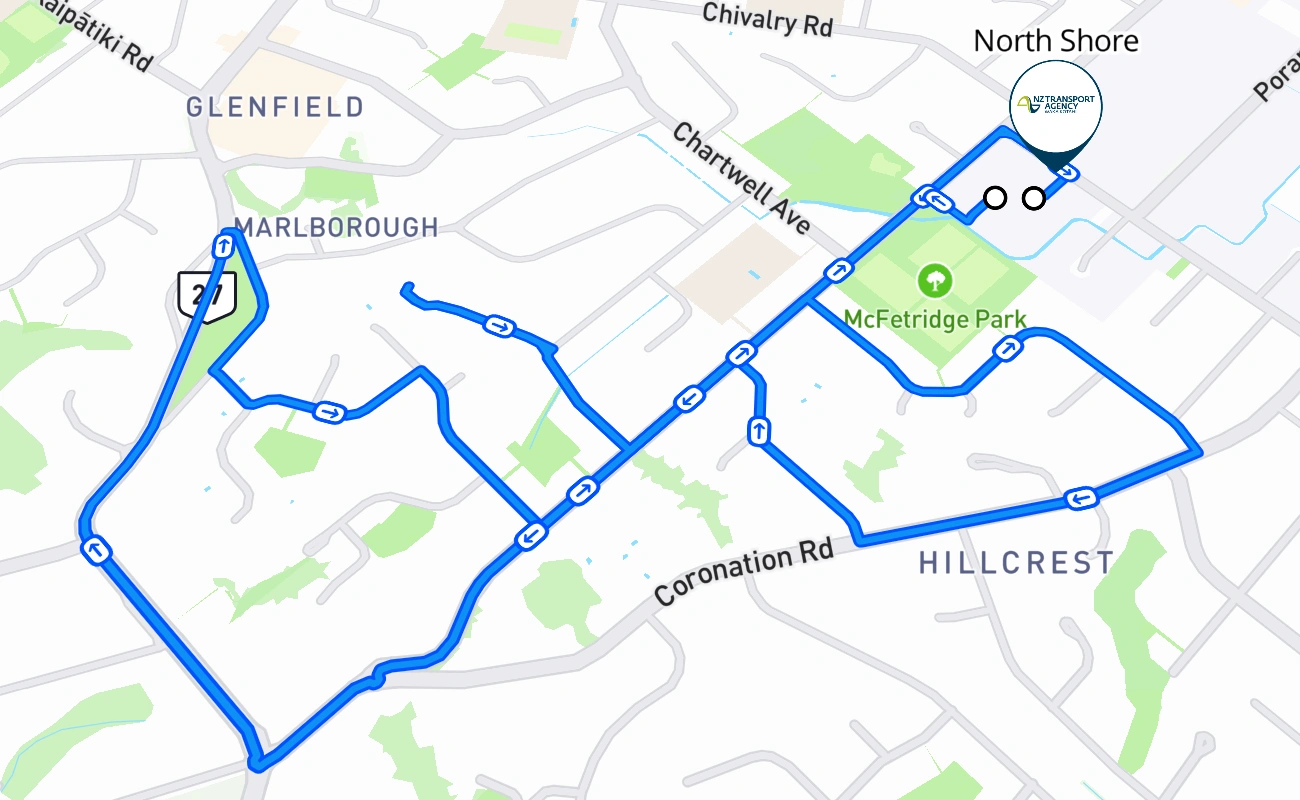 North Shore 驾考路线 #308 地图 - NTL 新西兰