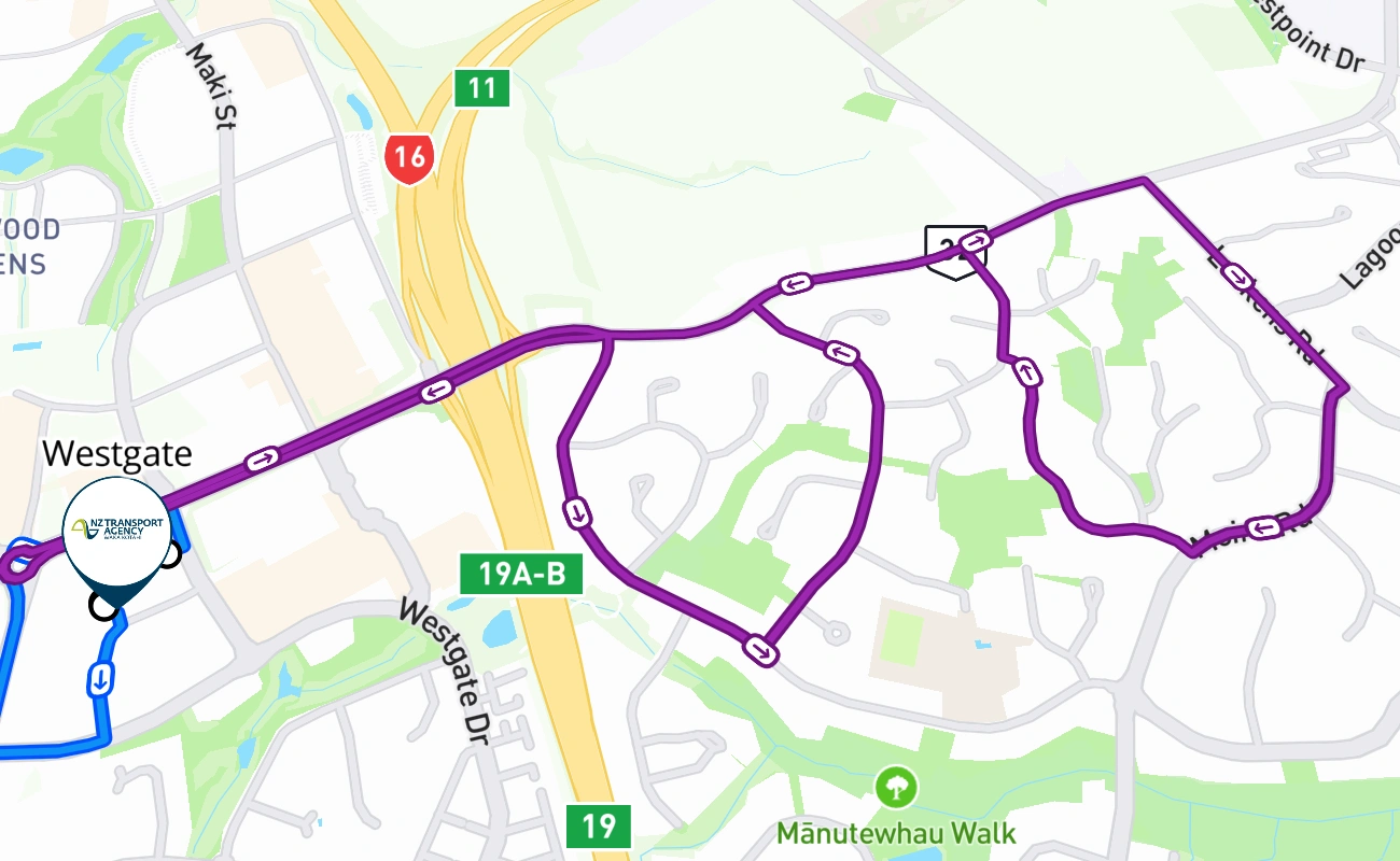 Westgate driving test route #320 map - NTL New Zealand