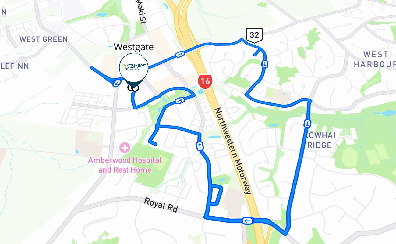 Westgate driving test route #321 map - NTL New Zealand