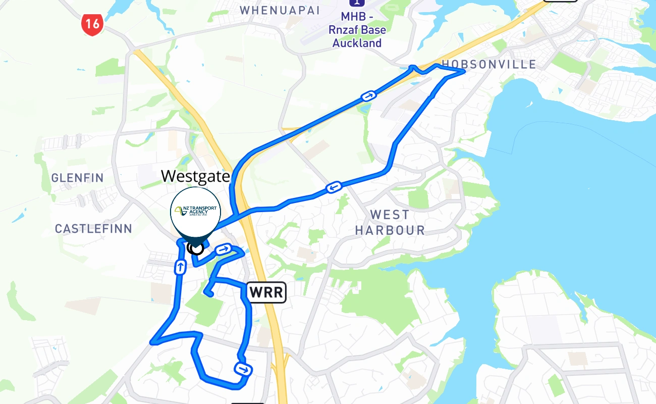 Westgate driving test route #322 map - NTL New Zealand