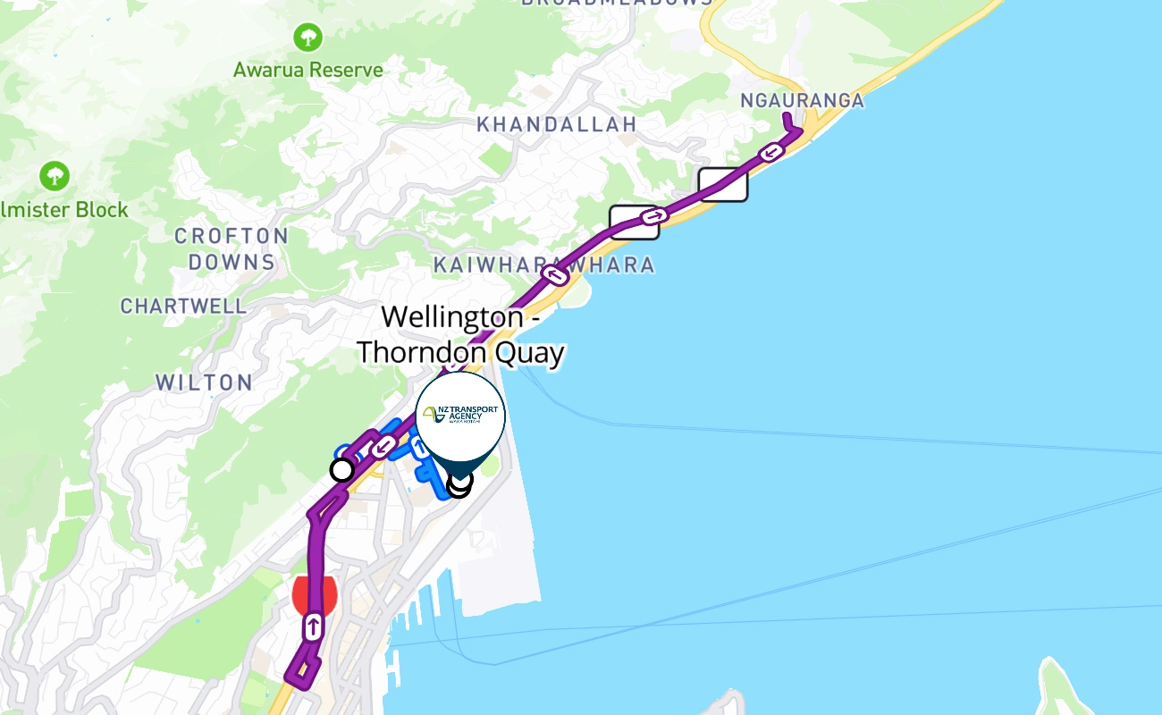 Wellington - Thorndon Quay driving test route #740 map - WGN New Zealand