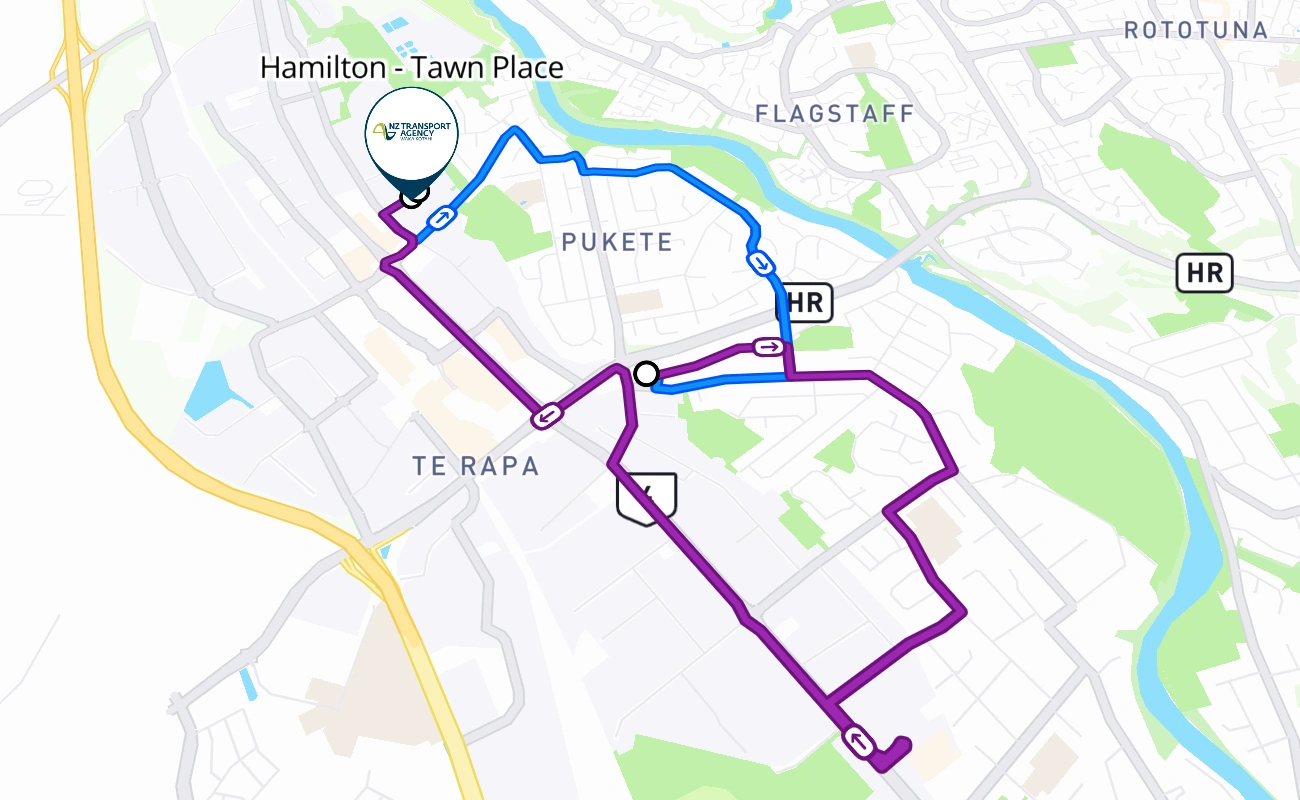 Hamilton - Tawn Place driving test route #290 map - WKO New Zealand
