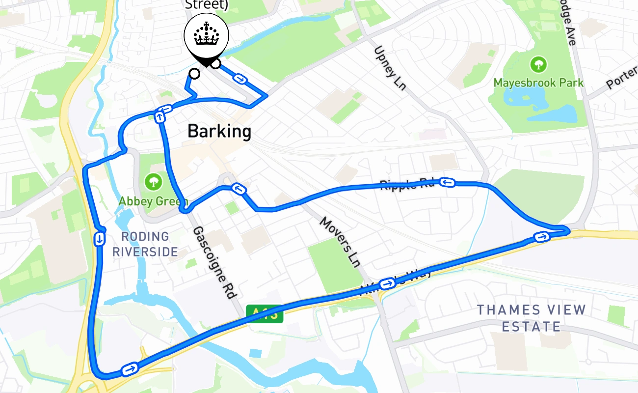 Barking (Tanner Street) driving test route #2349 map - ENG United Kingdom