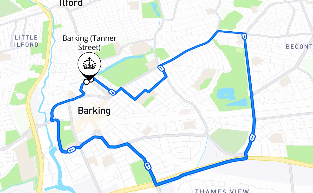 Barking (Tanner Street) driving test route #2350 map - ENG United Kingdom