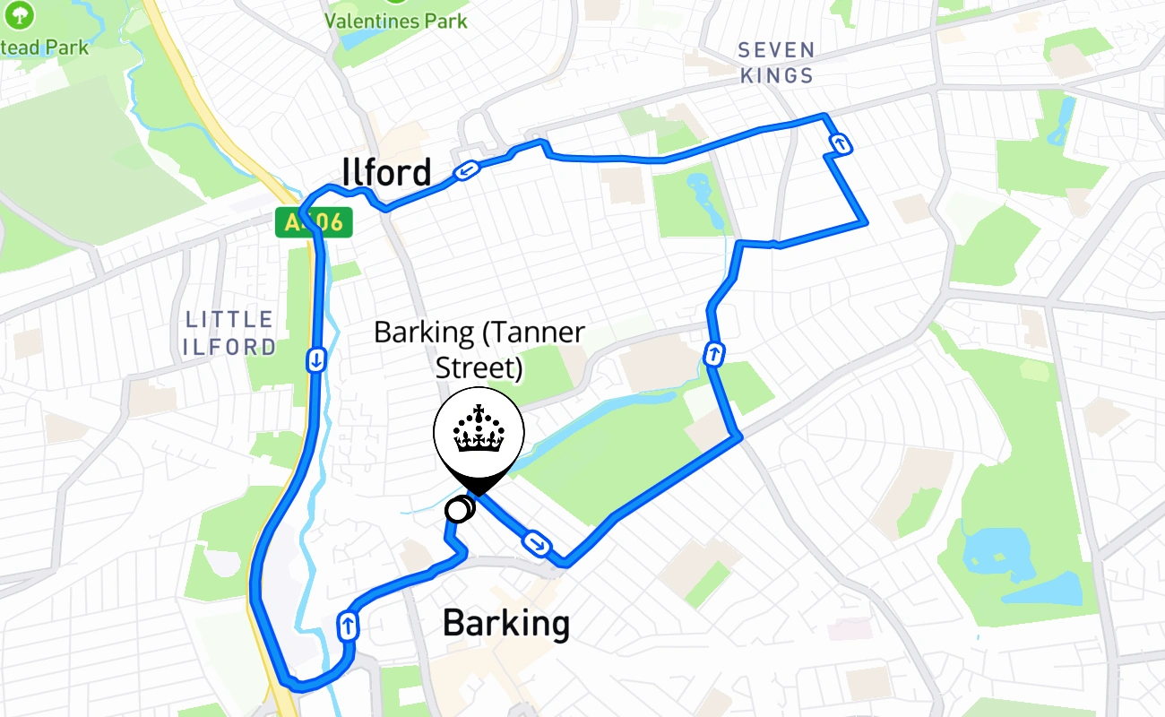 Barking (Tanner Street) driving test route #2351 map - ENG United Kingdom
