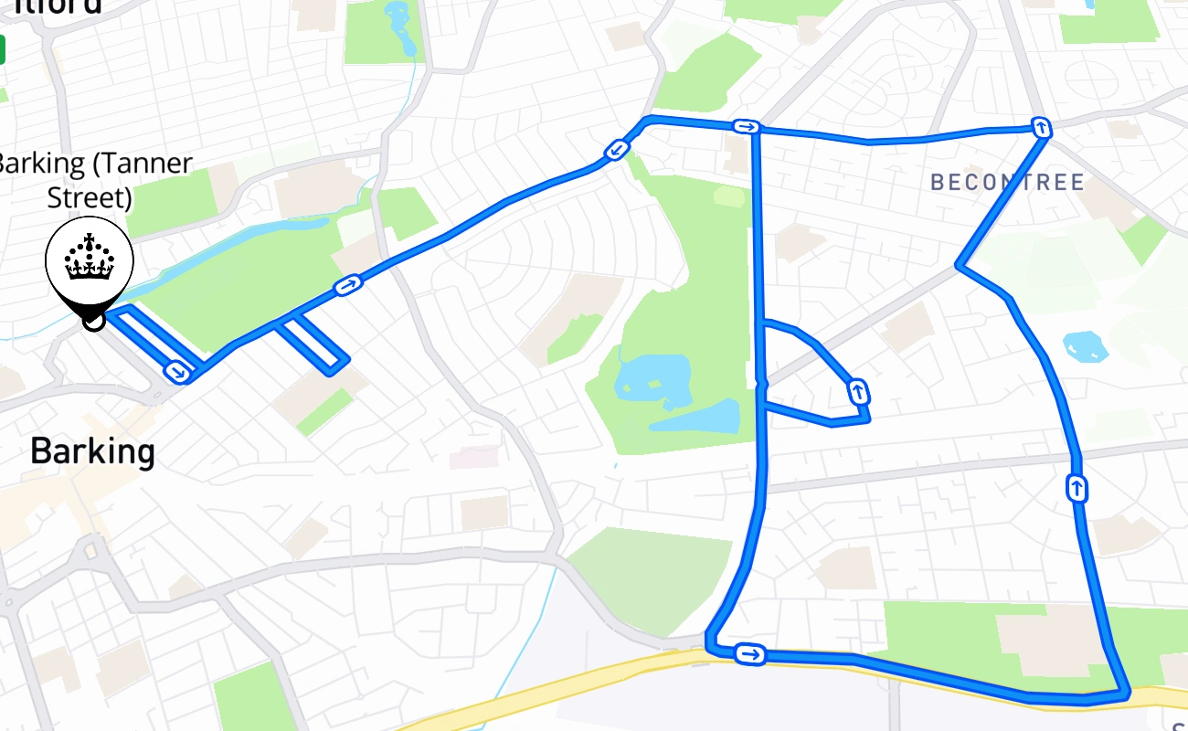 Barking (Tanner Street) driving test route #2354 map - ENG United Kingdom