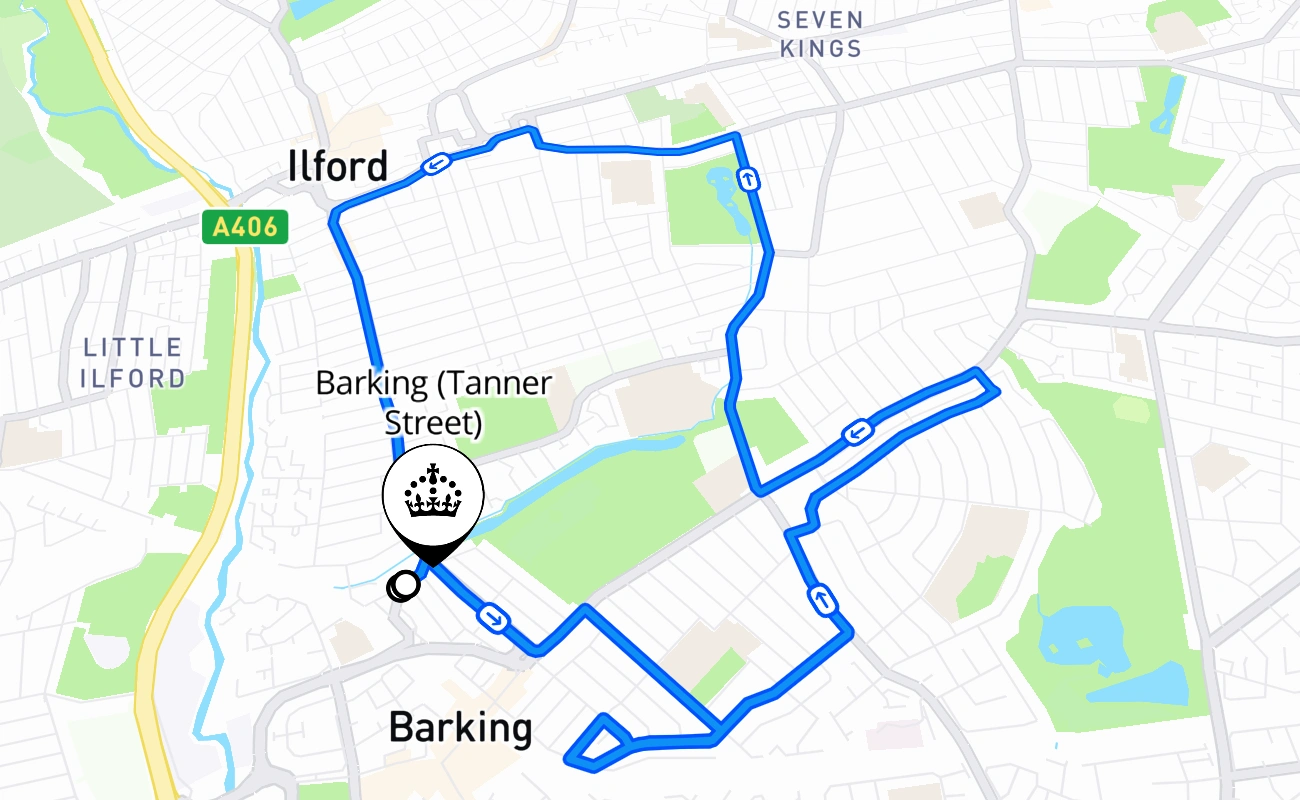 Barking (Tanner Street) driving test route #2356 map - ENG United Kingdom