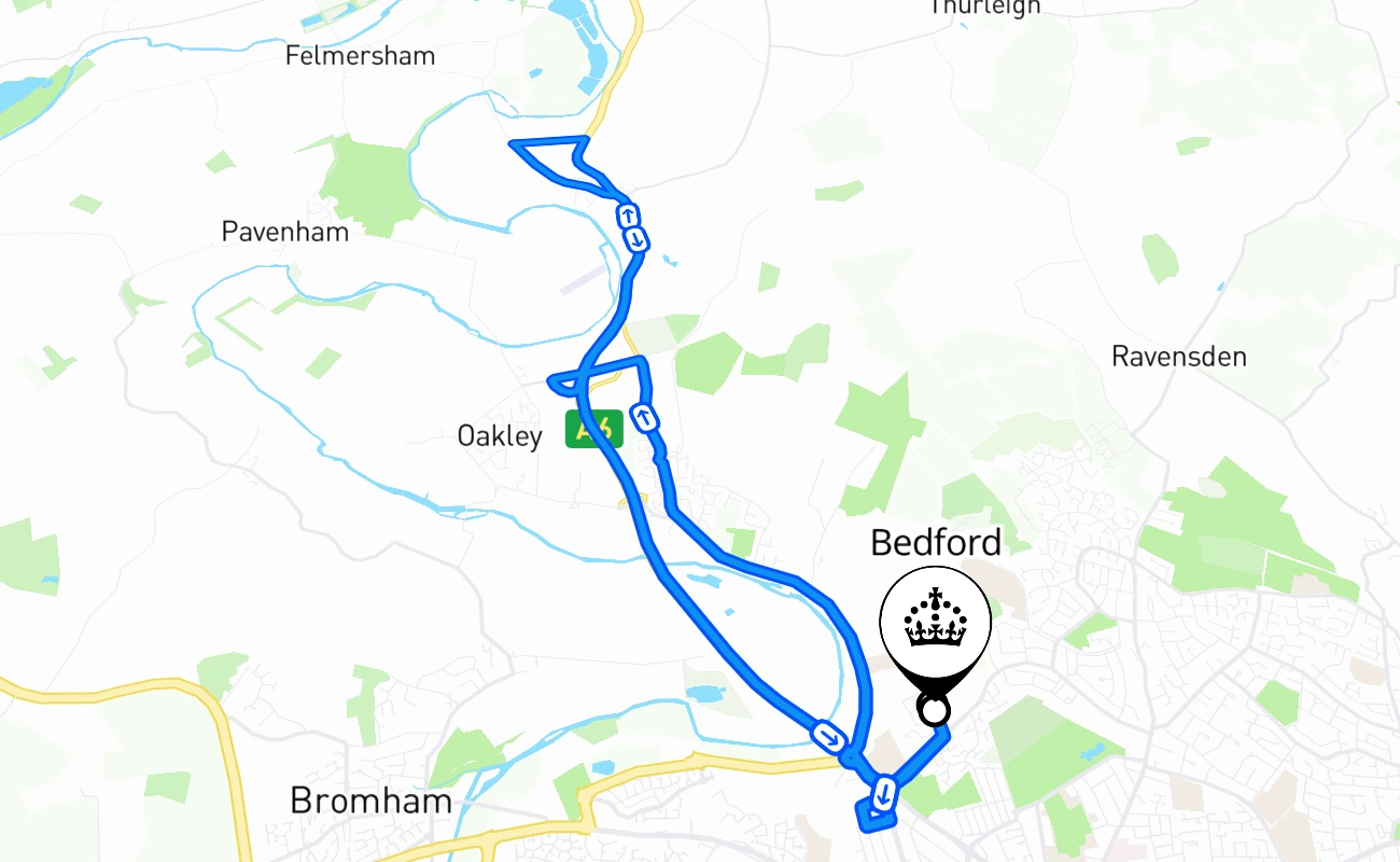 Bedford driving test route #2150 map - ENG United Kingdom