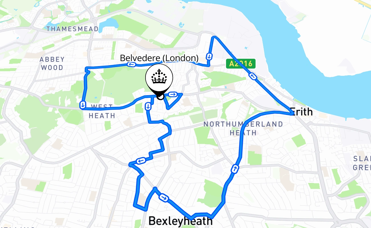 Belvedere (London) driving test route #502 map - ENG United Kingdom