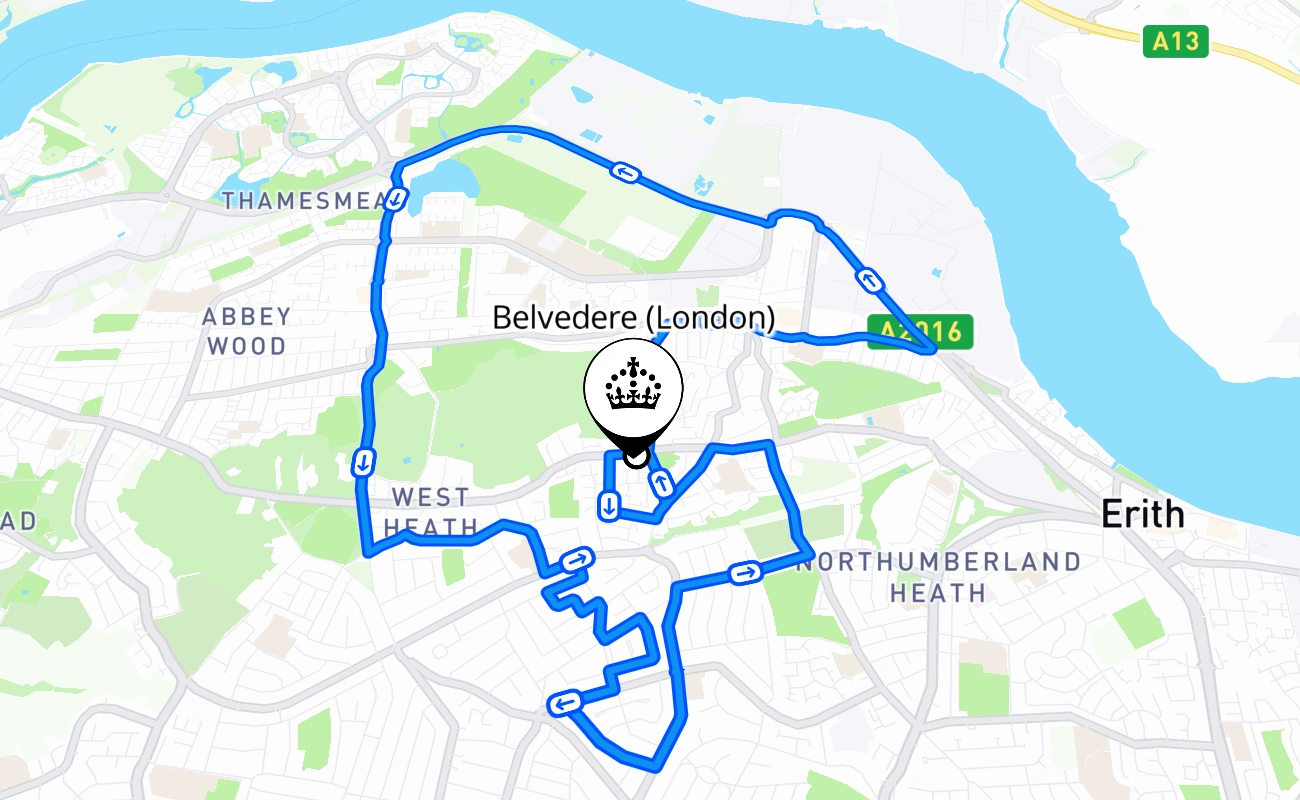 Belvedere (London) driving test route #503 map - ENG United Kingdom