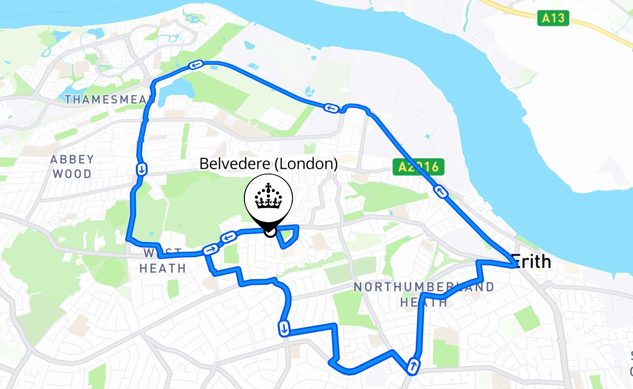 Belvedere (London) driving test route #504 map - ENG United Kingdom