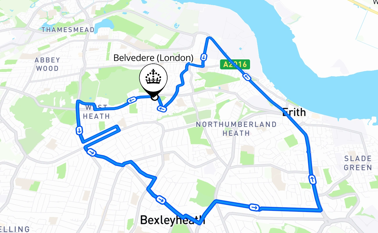 Belvedere (London) driving test route #505 map - ENG United Kingdom