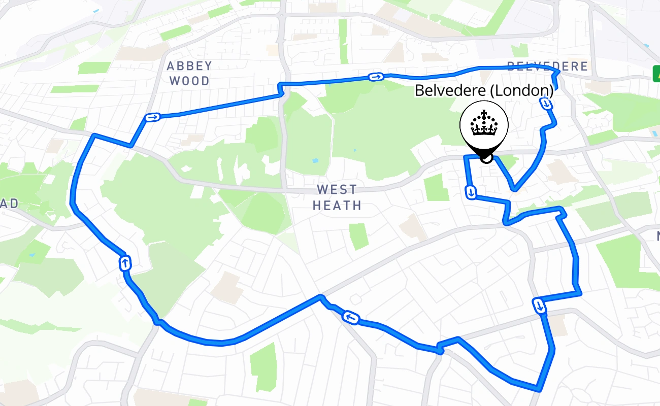 Belvedere (London) driving test route #506 map - ENG United Kingdom