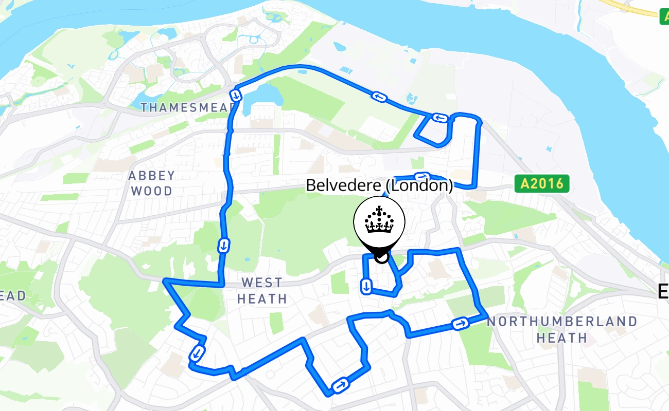 Belvedere (London) driving test route #507 map - ENG United Kingdom