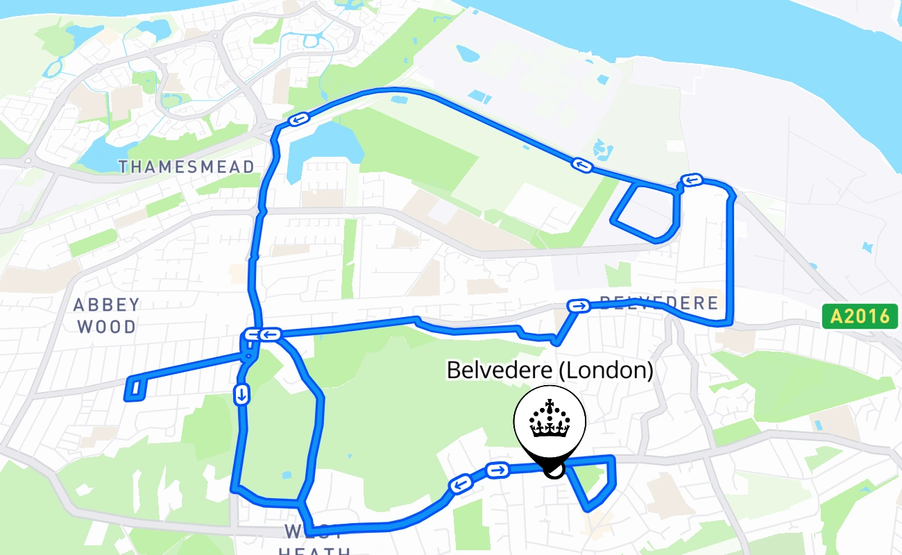 Belvedere (London) driving test route #508 map - ENG United Kingdom