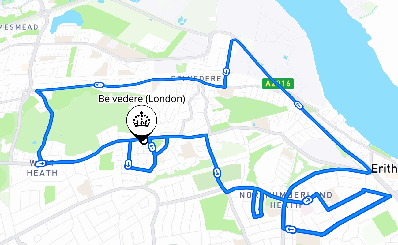 Belvedere (London) driving test route #509 map - ENG United Kingdom