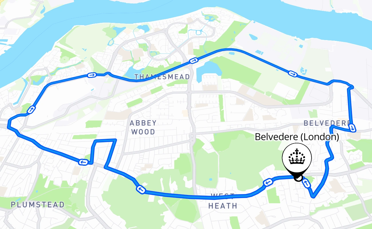 Belvedere (London) driving test route #510 map - ENG United Kingdom
