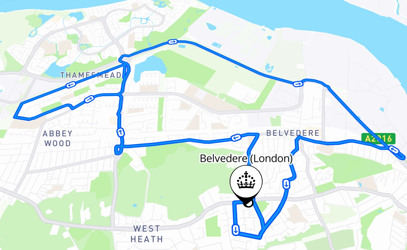 Belvedere (London) driving test route #511 map - ENG United Kingdom