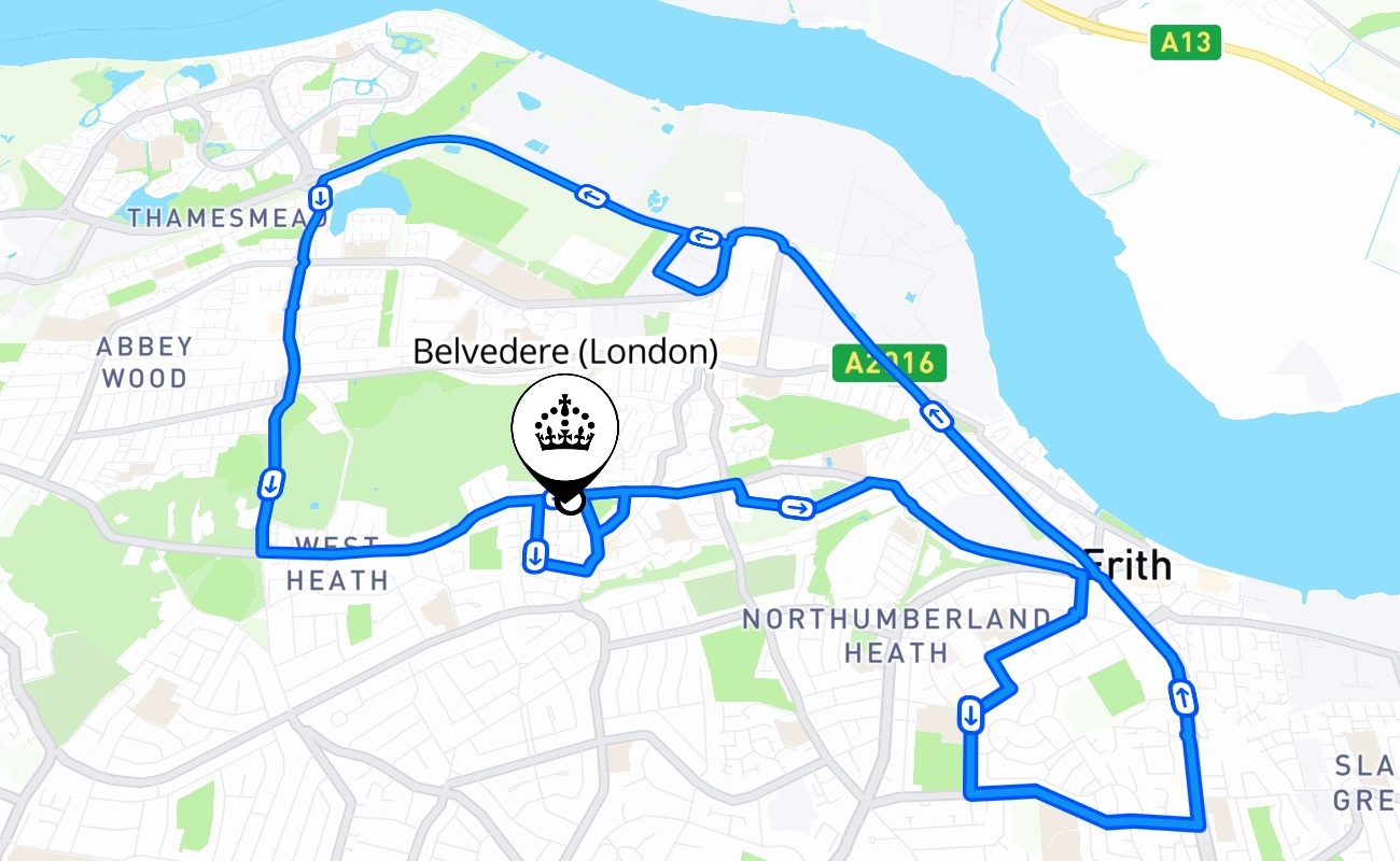 Belvedere (London) driving test route #513 map - ENG United Kingdom