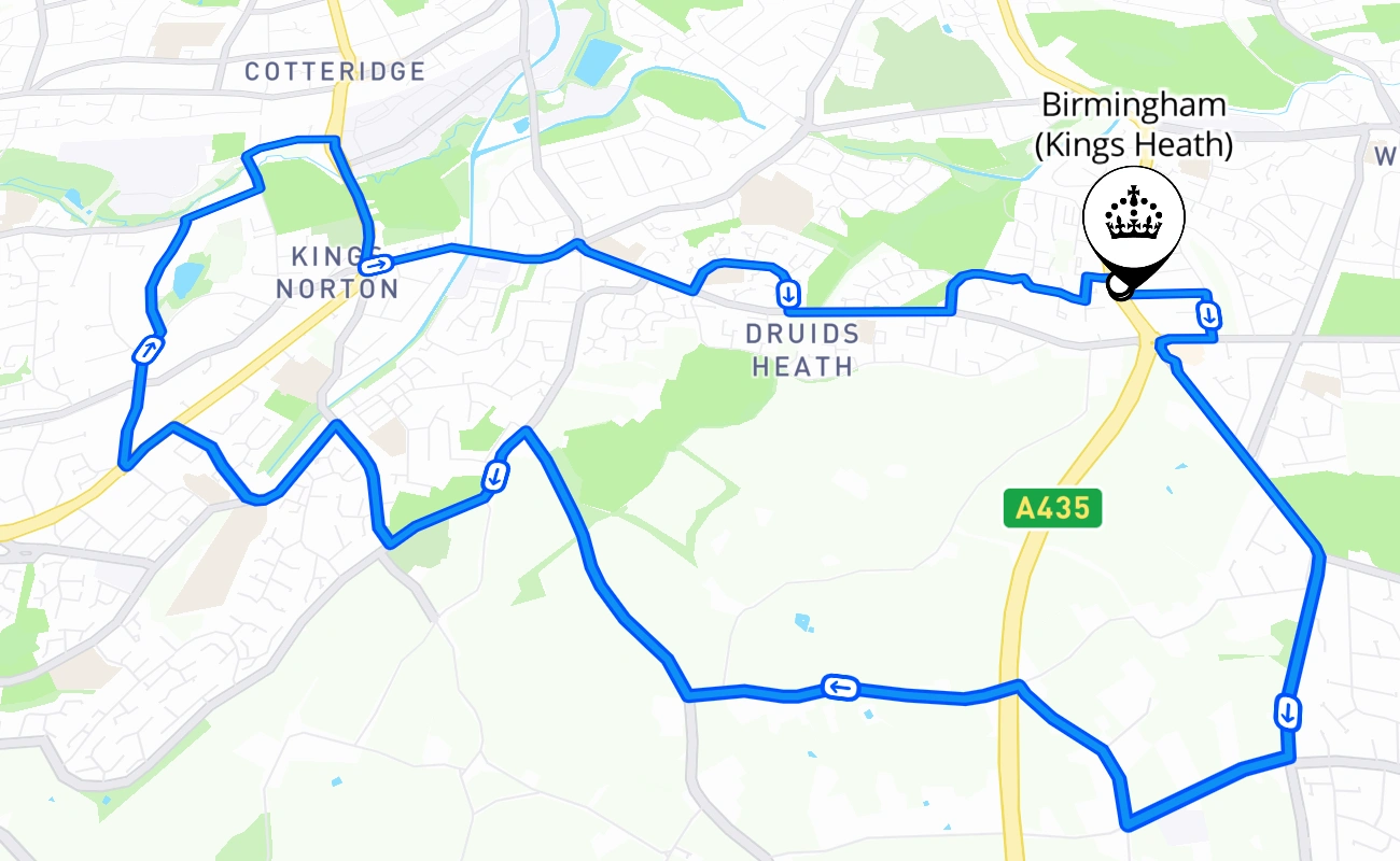 Birmingham (Kings Heath) driving test route #566 map - ENG United Kingdom