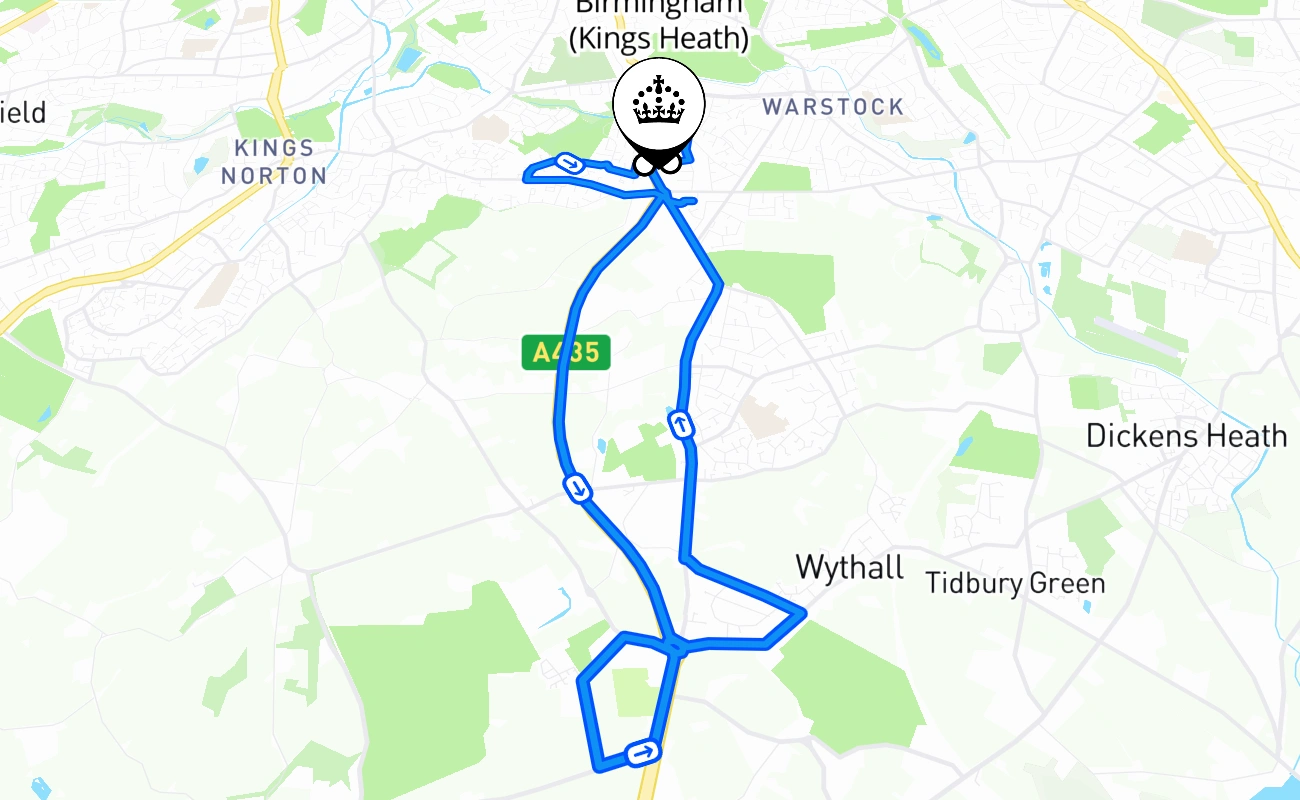 Birmingham (Kings Heath) driving test route #567 map - ENG United Kingdom