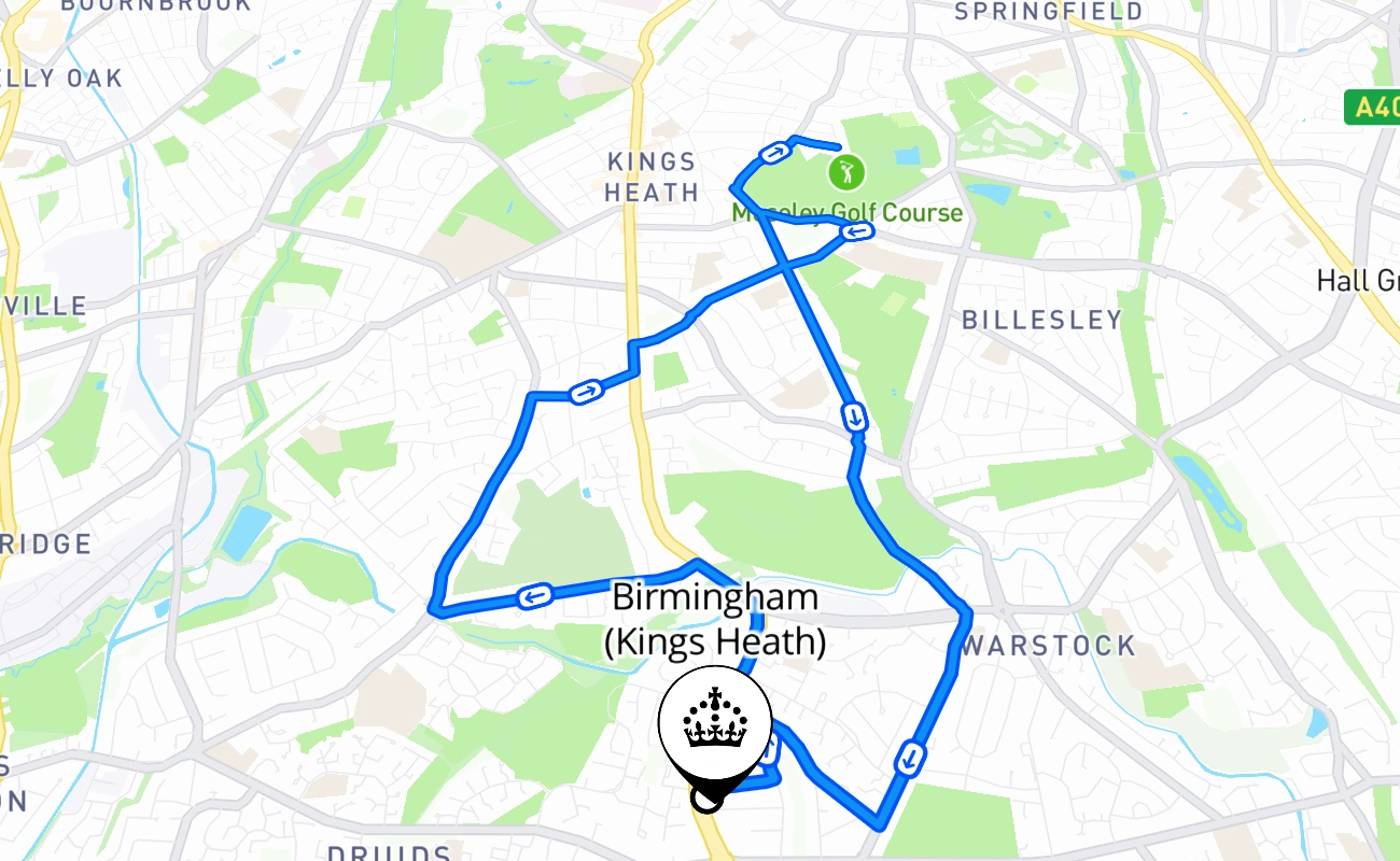 Birmingham (Kings Heath) driving test route #570 map - ENG United Kingdom