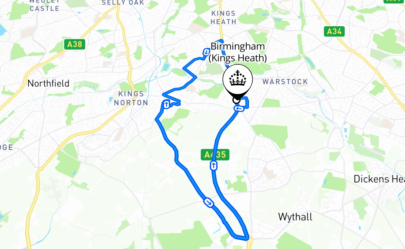 Birmingham (Kings Heath) driving test route #571 map - ENG United Kingdom