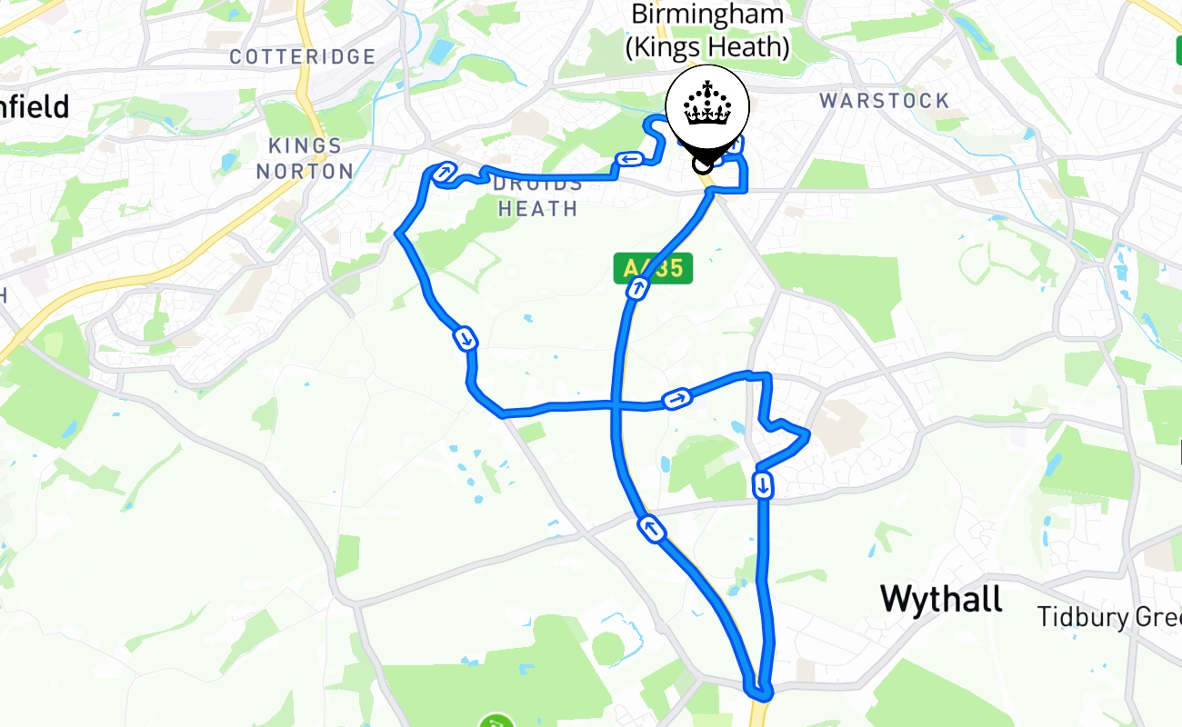Birmingham (Kings Heath) driving test route #572 map - ENG United Kingdom