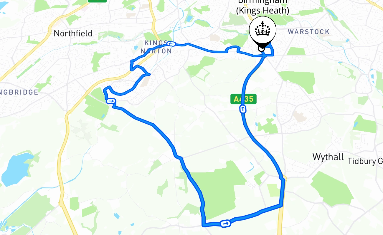 Birmingham (Kings Heath) driving test route #573 map - ENG United Kingdom