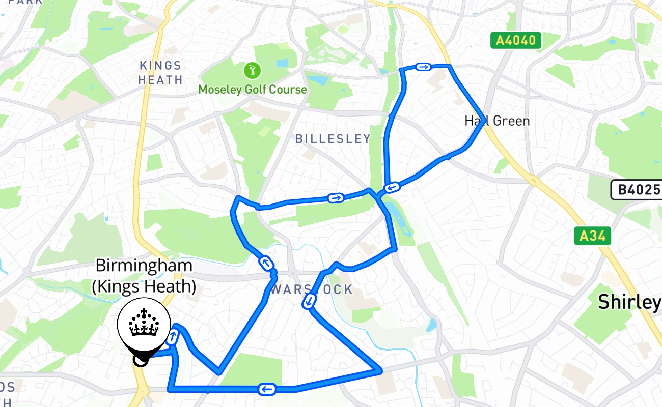 Birmingham (Kings Heath) driving test route #574 map - ENG United Kingdom