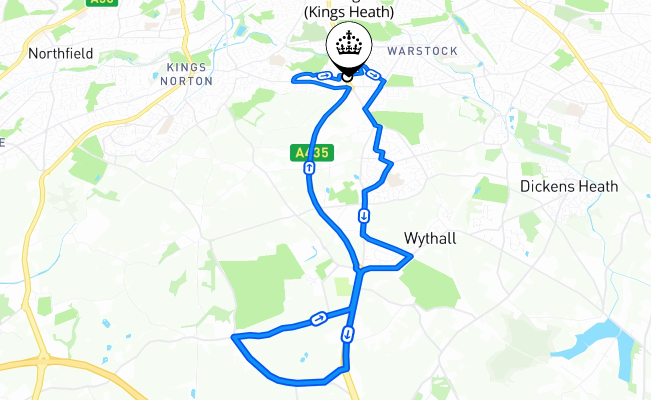 Birmingham (Kings Heath) driving test route #575 map - ENG United Kingdom