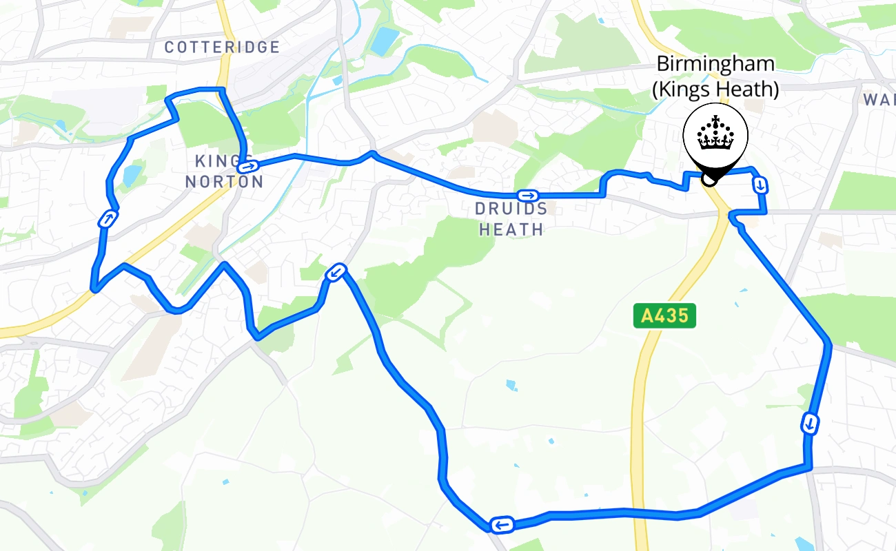 Birmingham (Kings Heath) driving test route #576 map - ENG United Kingdom