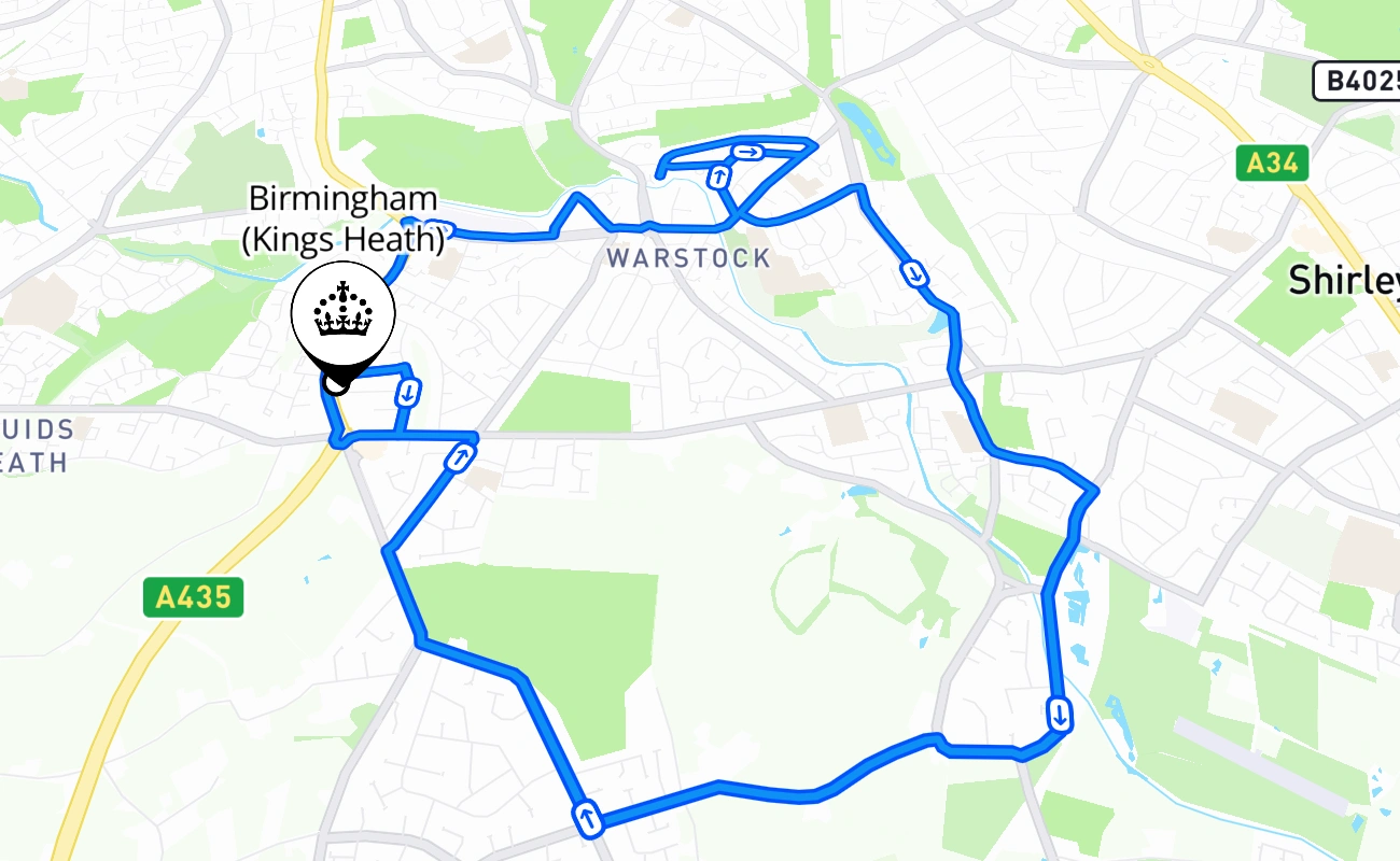 Birmingham (Kings Heath) driving test route #577 map - ENG United Kingdom