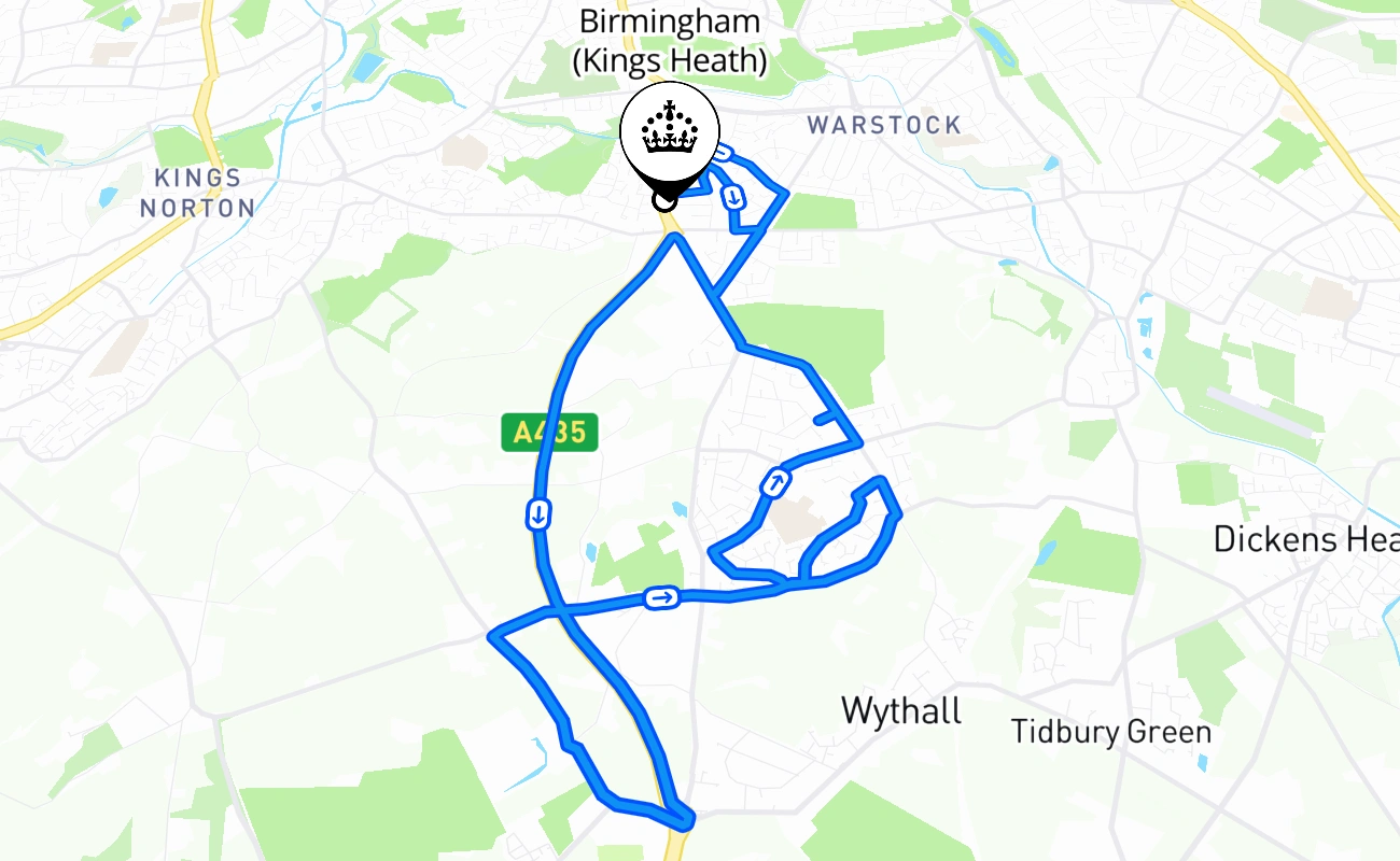 Birmingham (Kings Heath) driving test route #578 map - ENG United Kingdom