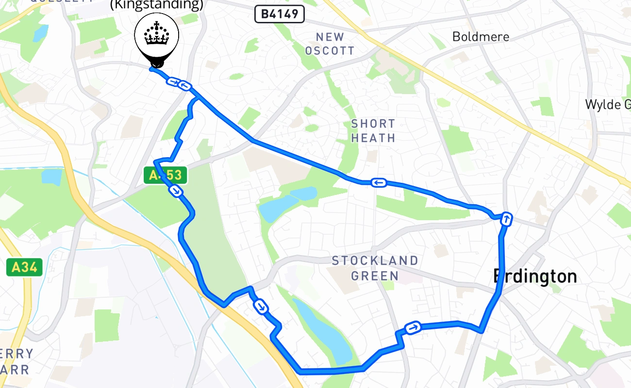 Birmingham (Kingstanding) driving test route #547 map - ENG United Kingdom