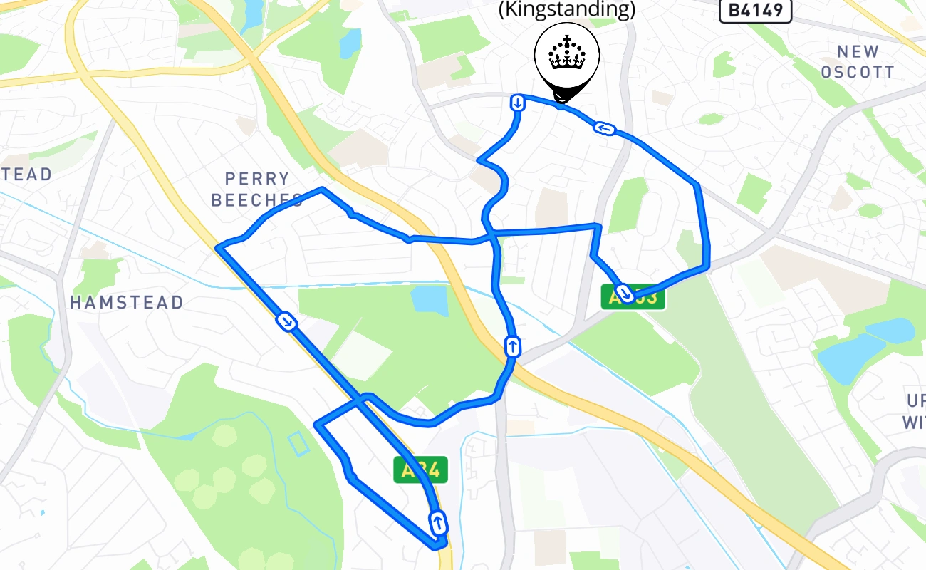 Birmingham (Kingstanding) driving test route #551 map - ENG United Kingdom