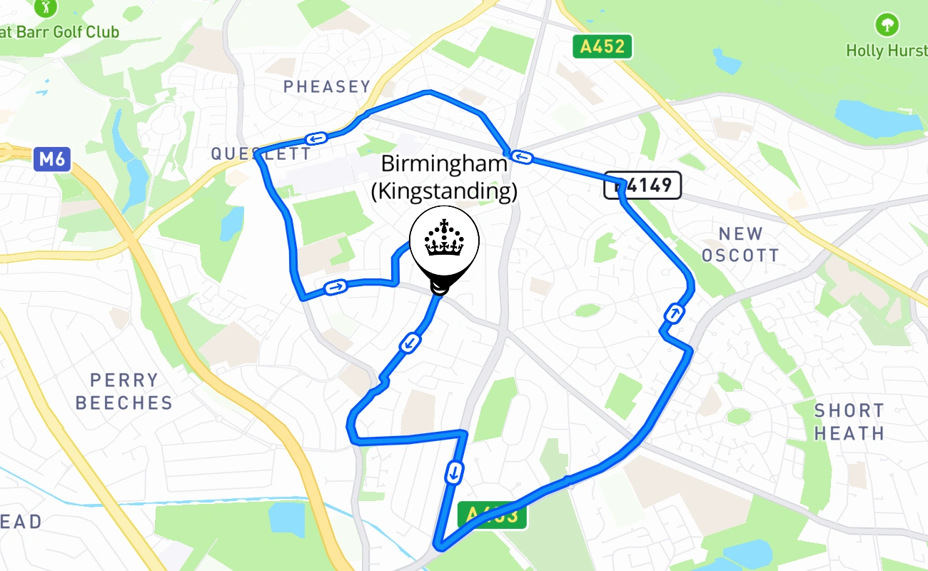 Birmingham (Kingstanding) driving test route #553 map - ENG United Kingdom