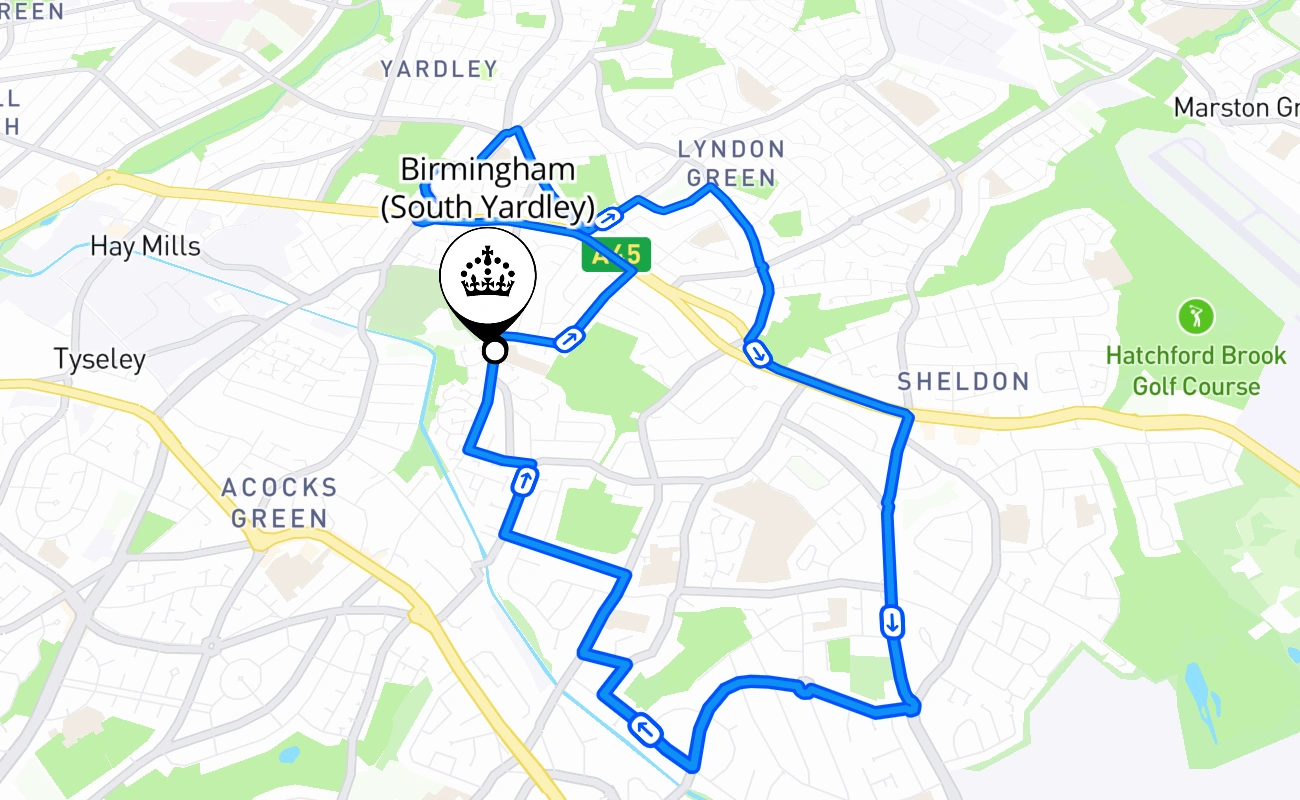 Birmingham (South Yardley) driving test route #1730 map - ENG United Kingdom
