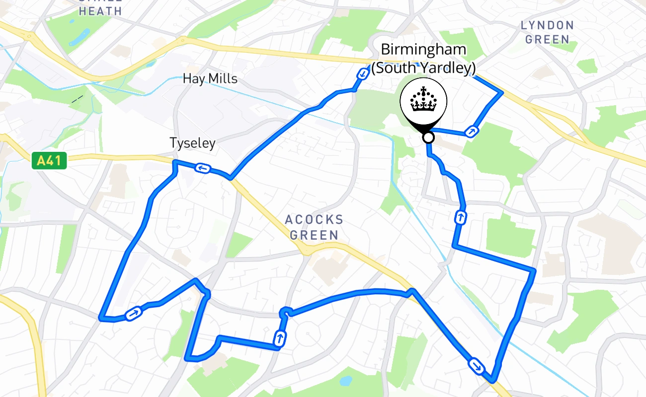 Birmingham (South Yardley) driving test route #1731 map - ENG United Kingdom