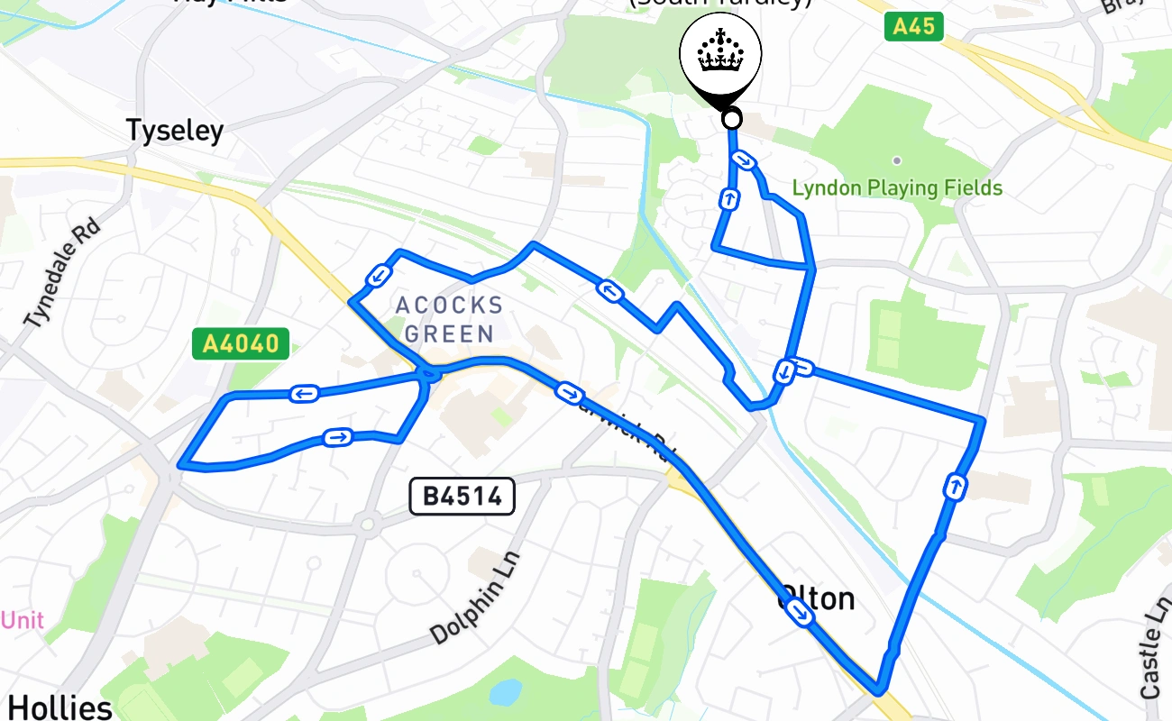 Birmingham (South Yardley) driving test route #1732 map - ENG United Kingdom