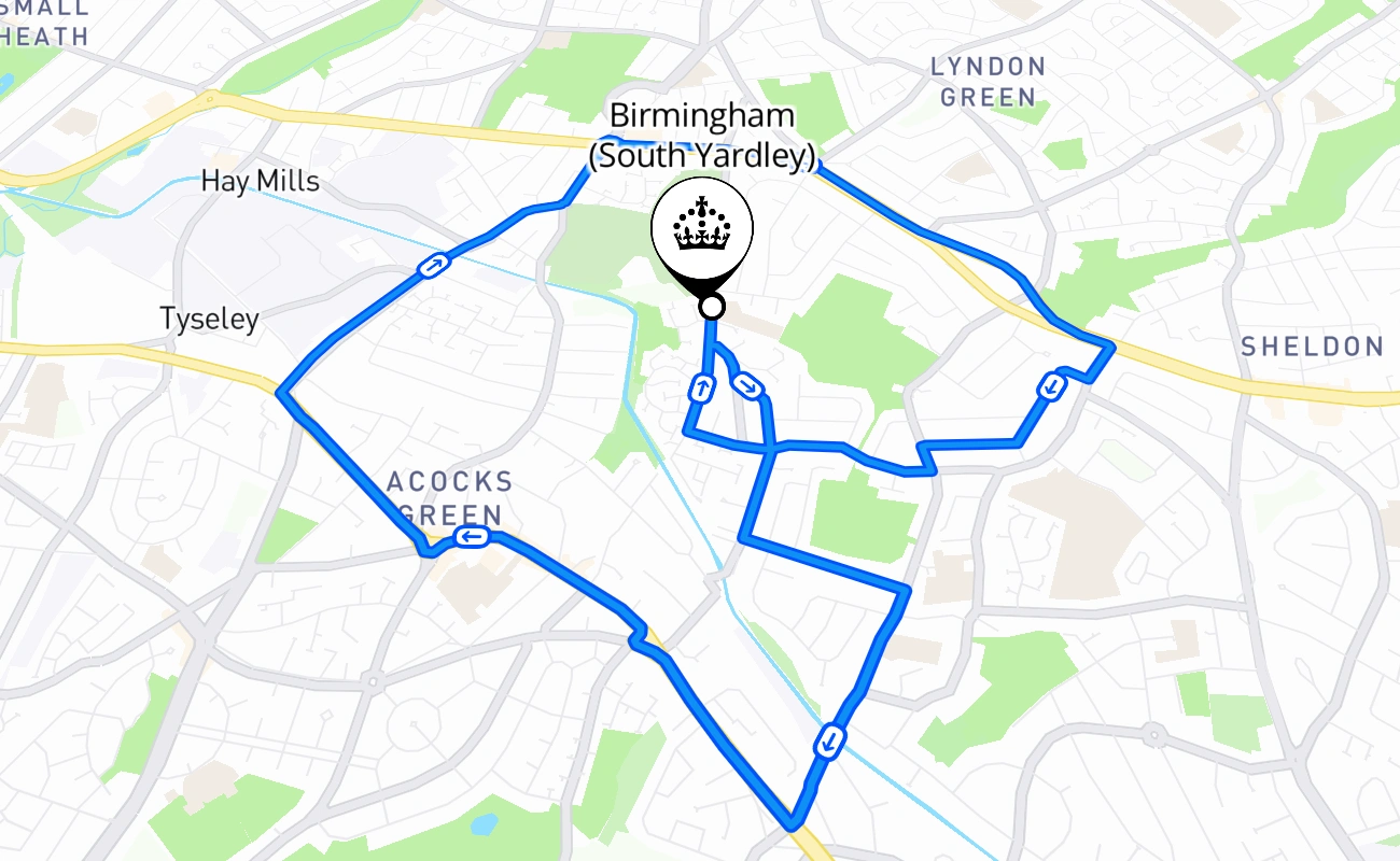 Birmingham (South Yardley) driving test route #1733 map - ENG United Kingdom