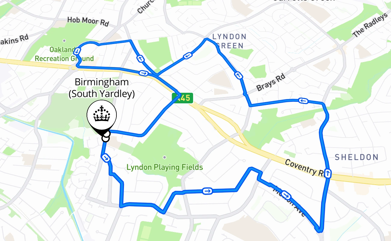 Birmingham (South Yardley) driving test route #1734 map - ENG United Kingdom