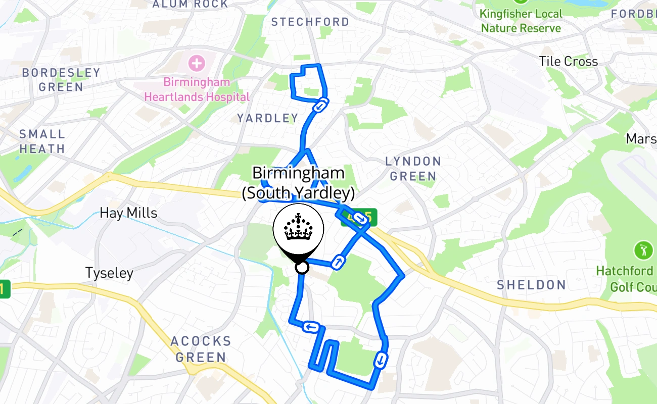 Birmingham (South Yardley) driving test route #1735 map - ENG United Kingdom