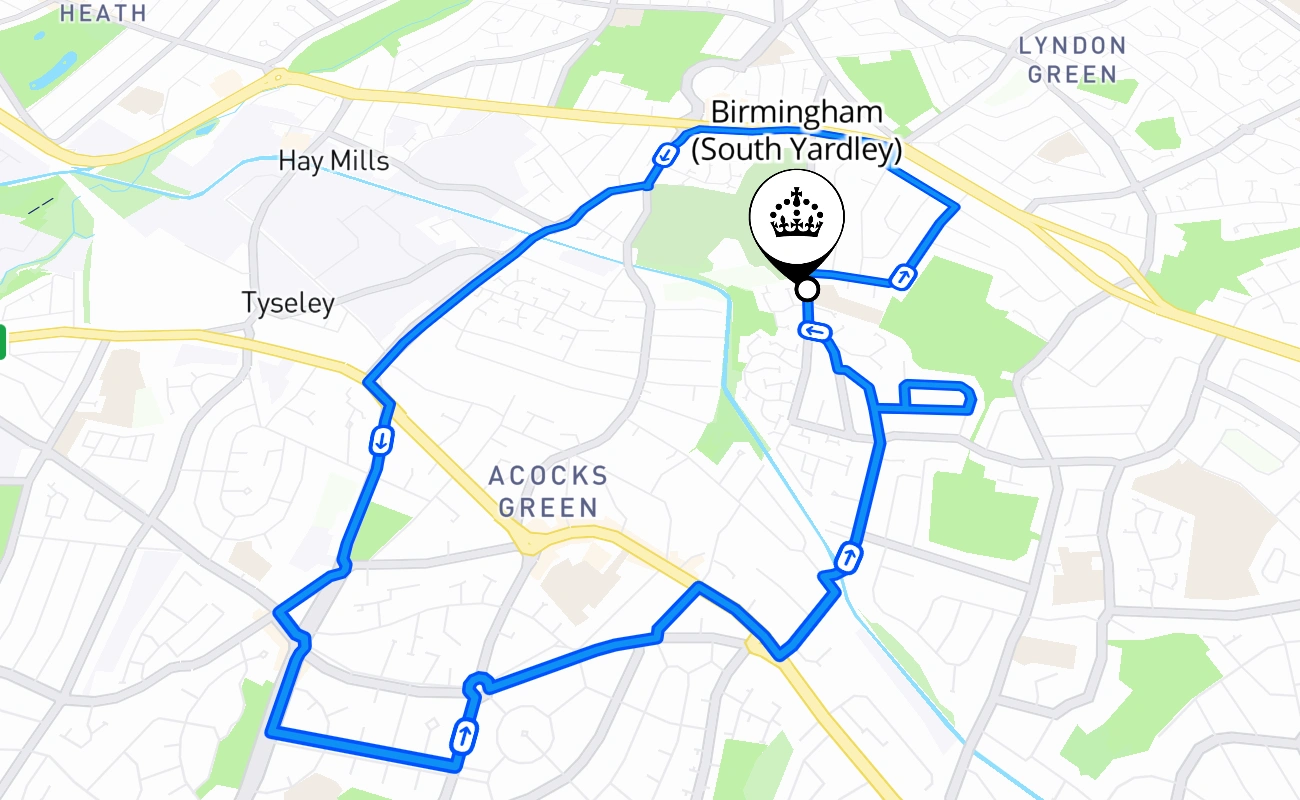 Birmingham (South Yardley) driving test route #1736 map - ENG United Kingdom