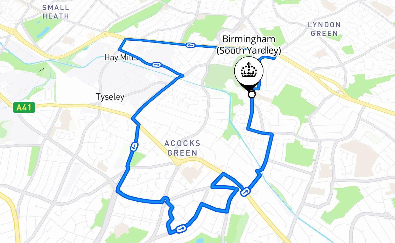 Birmingham (South Yardley) driving test route #1737 map - ENG United Kingdom